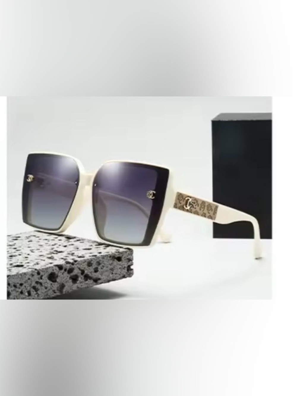 Designer Cream Frame Sunglasses with Beige Camellia-Pattern Temples